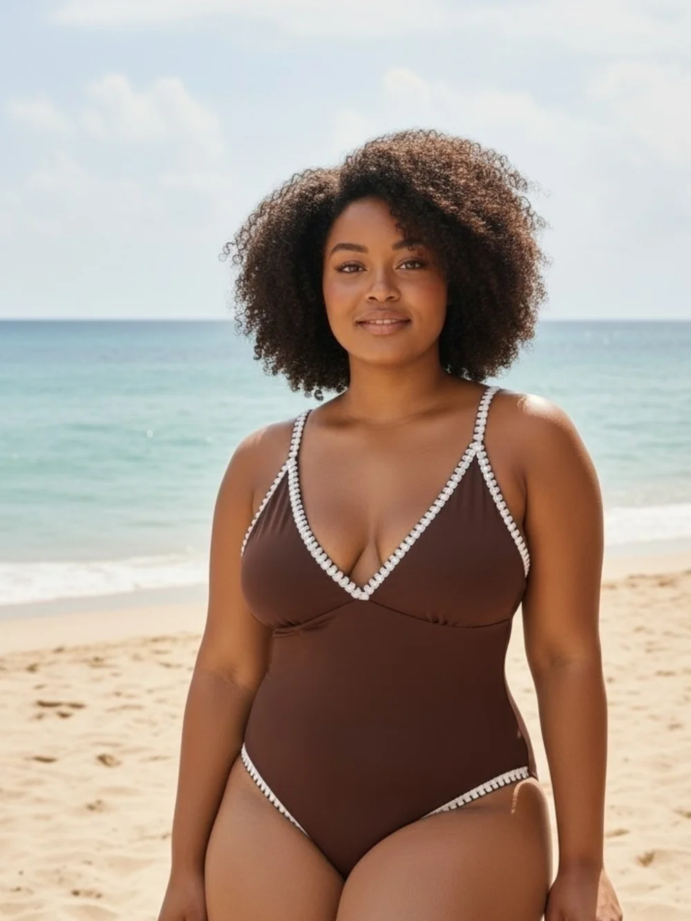 NWT Tempt Me Brown One-Piece Swimsuit with Contrast Trim Size L